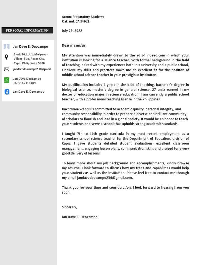 Cover Letter Science PDF Teachers Science Education