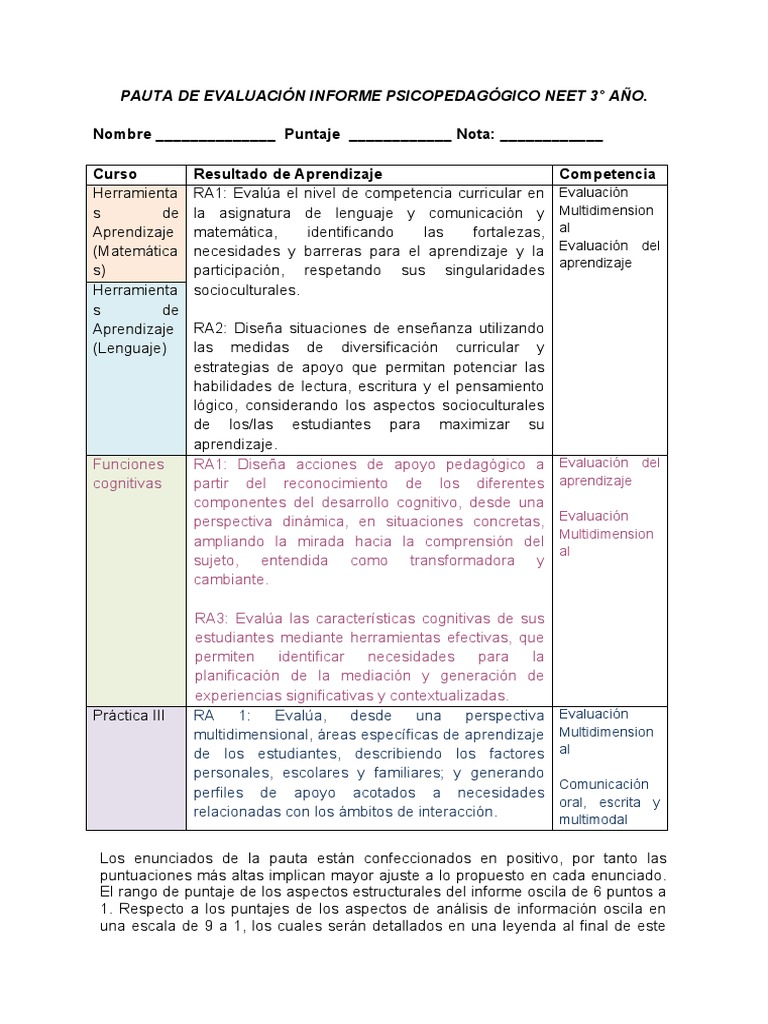 Pauta Evaluación Informe NEET PDF Números Evaluación