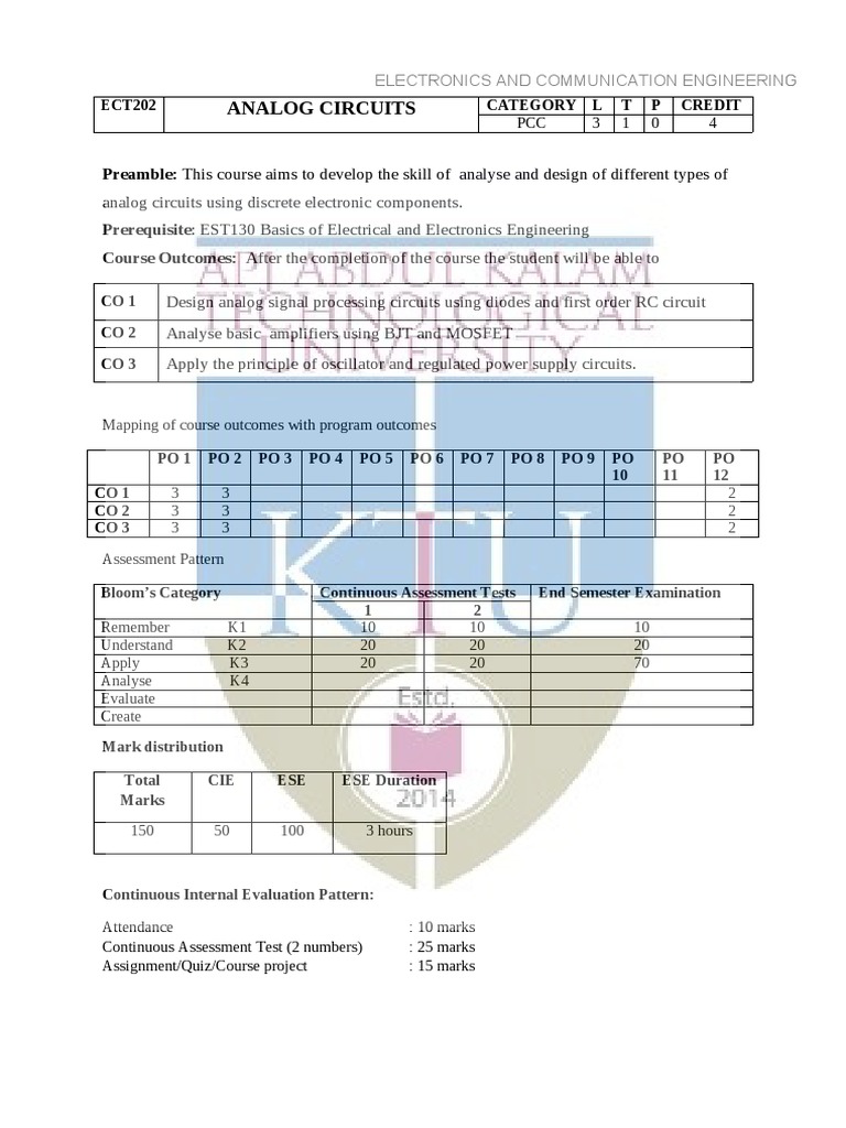 Analog Circuits Syllabus PDF Amplifier Electronic Circuits