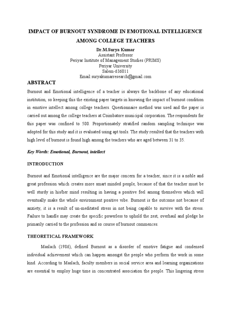 Impact of burnout syndrome in emotional intelligence among college