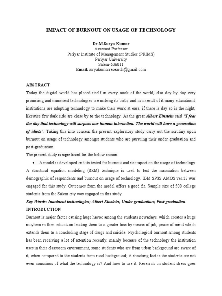 Burnout's Impact on Technology Use | PDF | Occupational Burnout ...