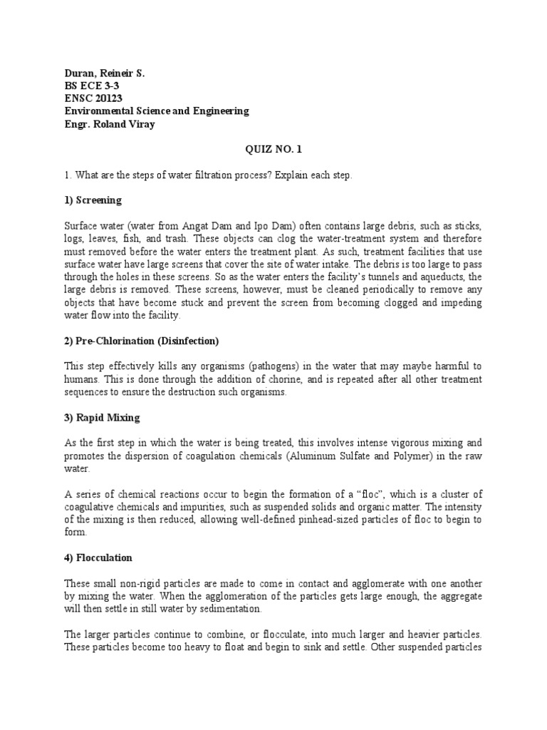 Ensci Quiz No. 1 PDF Sewage Treatment Landfill