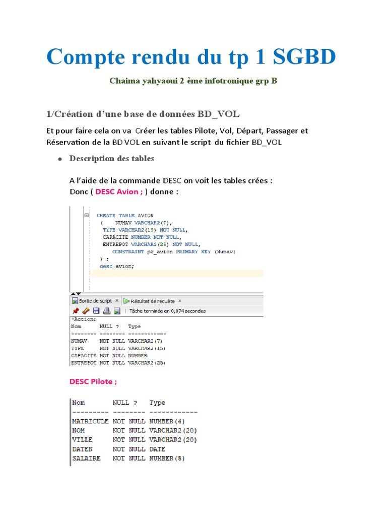 Compte rendu TP SGBD : BD_VOL | PDF