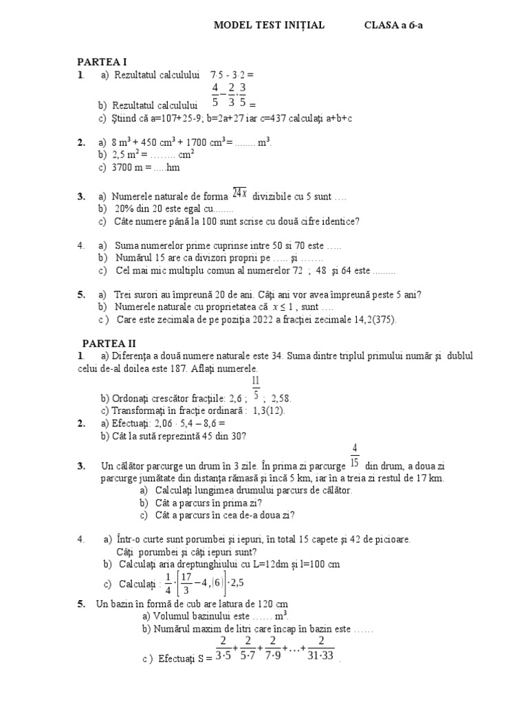 Model - Test - Initial - Clasa - 6-A Matematica | PDF