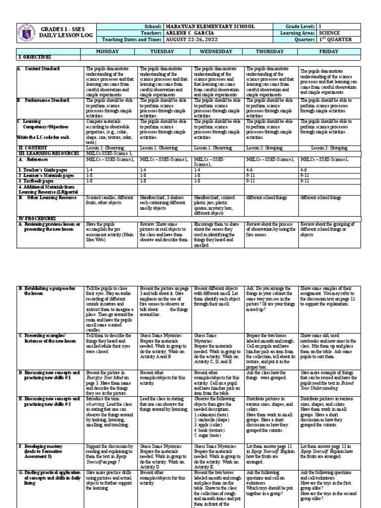 Grade 1 Daily Science Lesson Plan | PDF | Concept | Learning