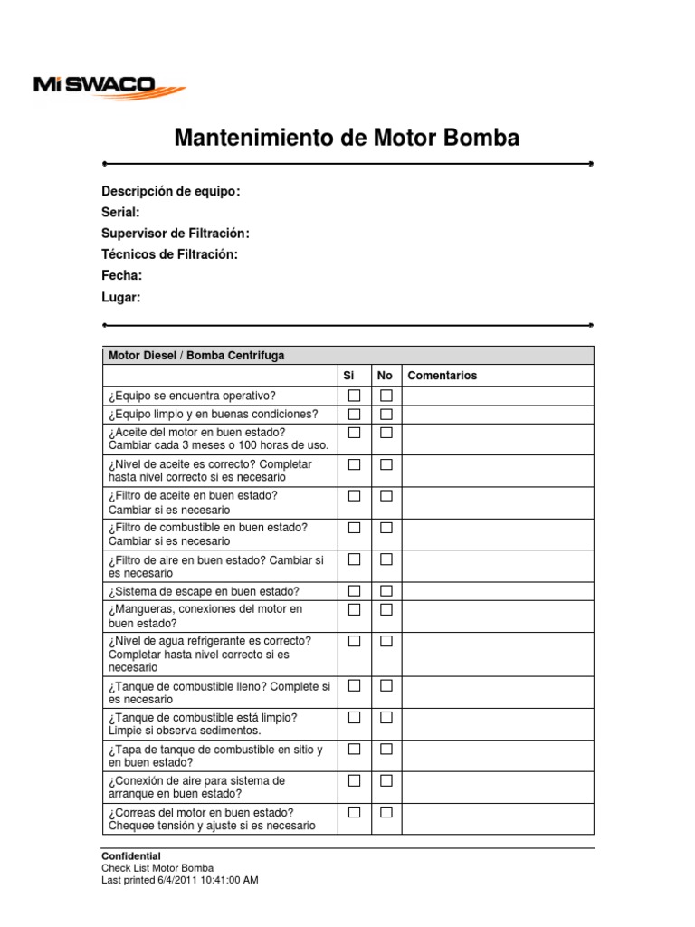 Check List Mantenimiento Motor Bomba | PDF