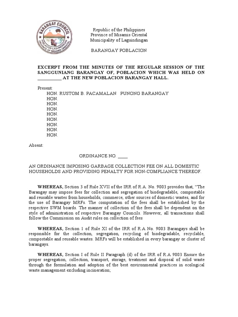 Barangay Garbage Collection Fee Ordinance | PDF | Waste Management ...