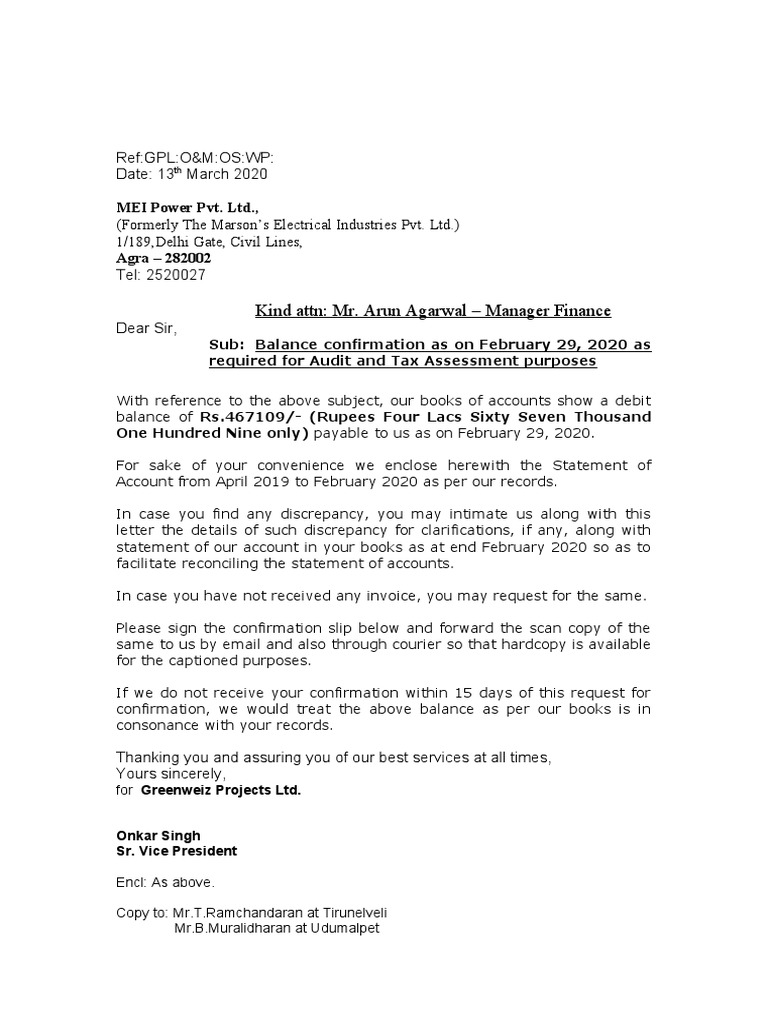 Balance Confirmation Request Letter | PDF | Business | Finance & Money ...