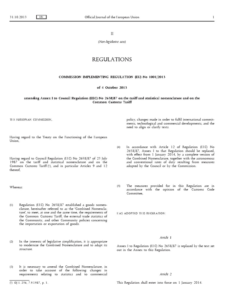 REG 1001 2013 HS Codes Descargar gratis PDF Textiles European Union