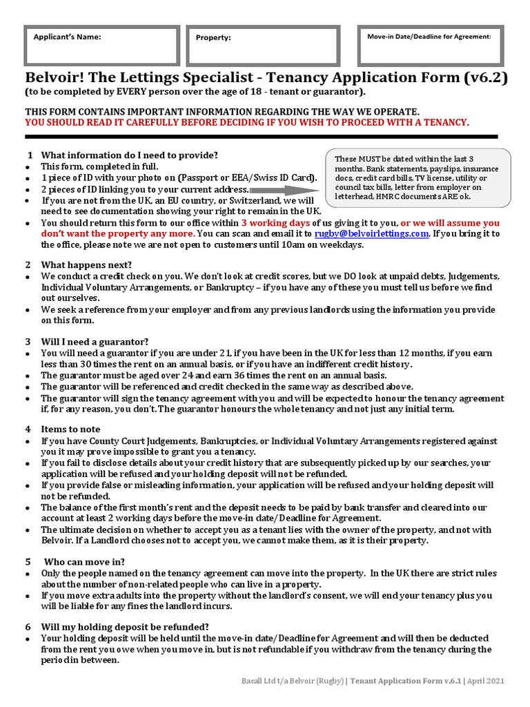 Tenant Application Form v6.1 Overview | PDF | Leasehold Estate | Landlord
