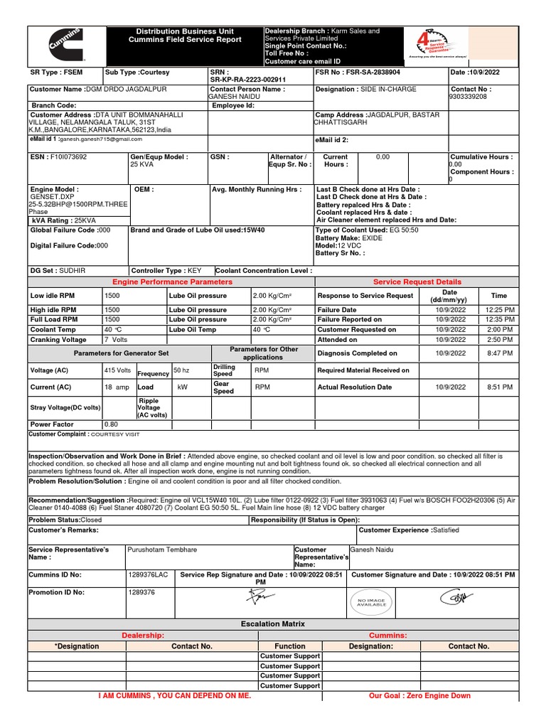 Cummins Field Service Report Summary | PDF | Alternating Current ...
