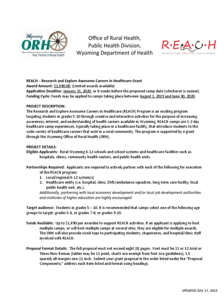 REACH Grant Guidance 7.17.19 | PDF | Health Care | Budget