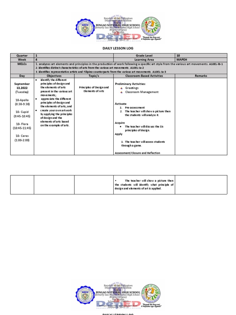 Grade 10 MAPEH Daily Lesson Log | PDF | Teachers | Classroom Management