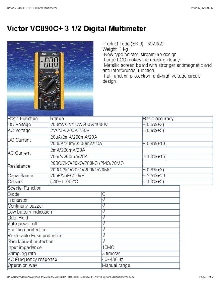Victor VC890C+ 3 1 - 2 Digital Multimeter | PDF | Metrology | Electric ...