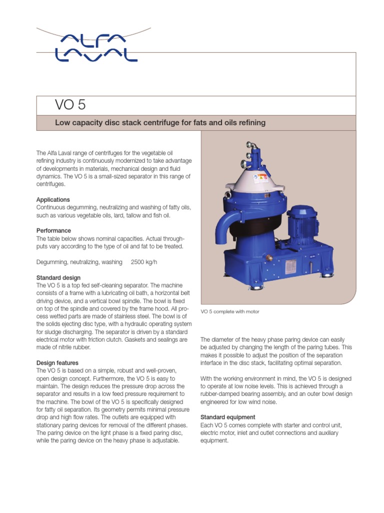 Alfa Laval Disc Stack Separator Vo5 PDF Pump Electric Motor