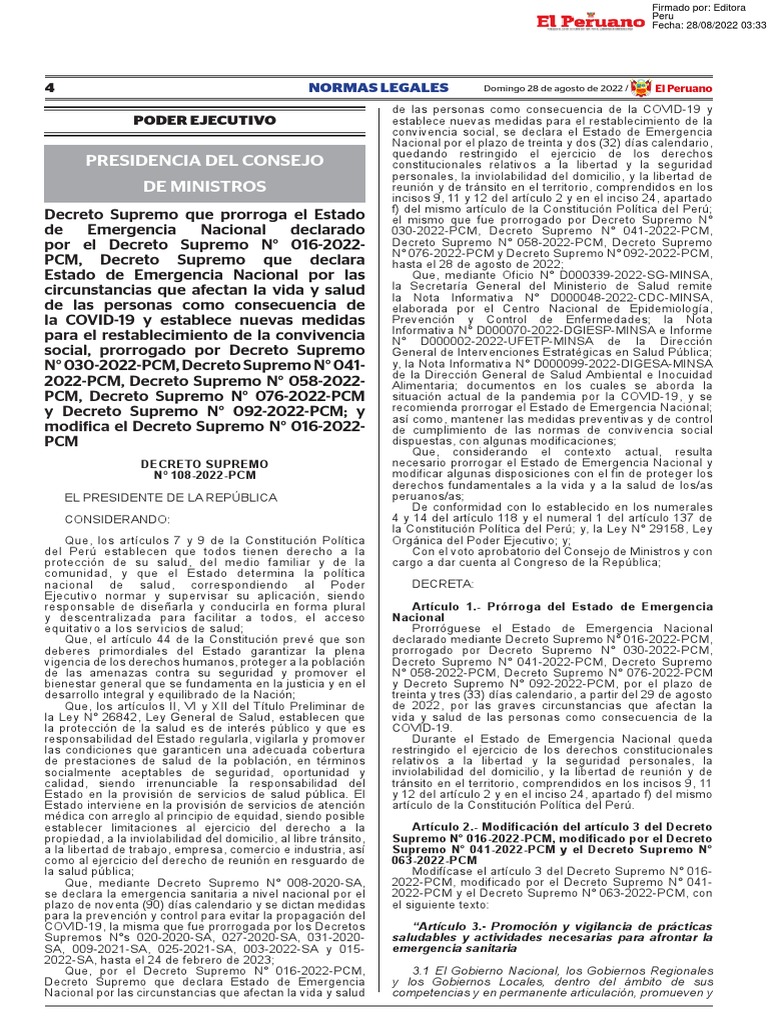 Decreto Supremo Que Prorroga El Estado De Emergencia Naciona Decreto