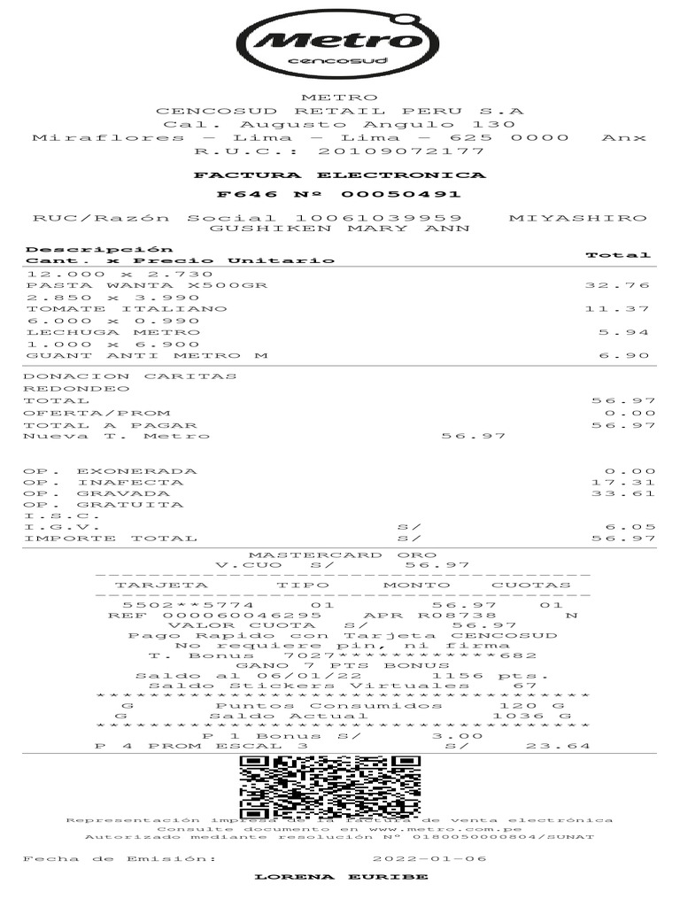 Factura electrónica de compras en Metro por un total de S/56.97 PDF