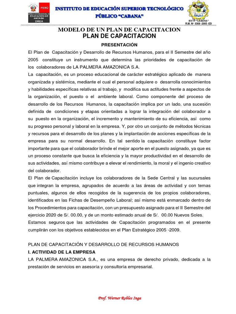 Modelo de Plan de Capacitación Prof WERNER | PDF | Gestión de recursos ...