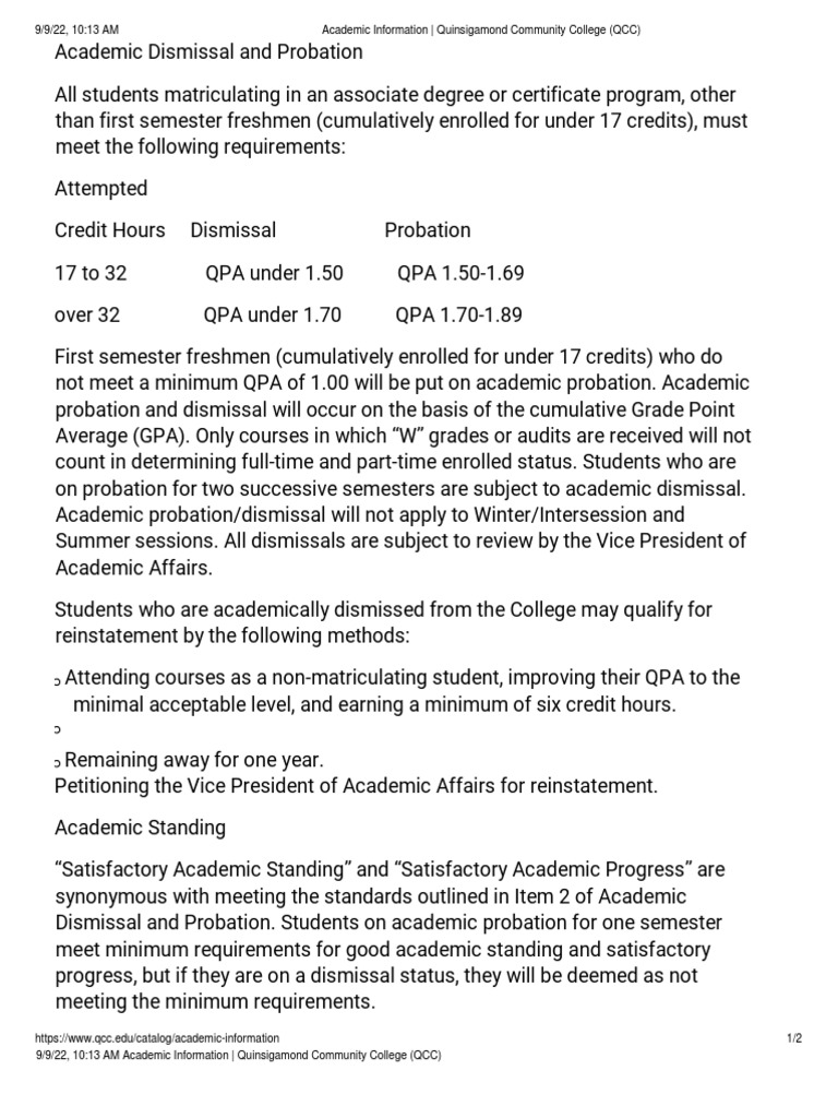 Academic Dismissal and Probation Policy Quinsigamond Community College