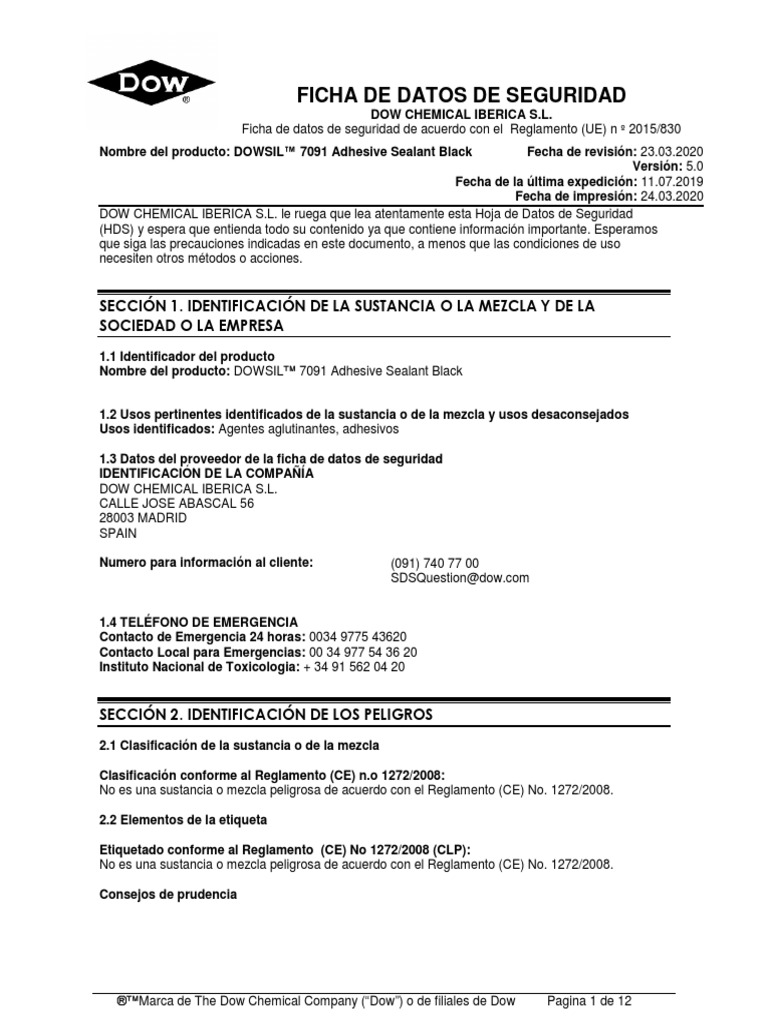 89fichaseguridadDOWSIL 7091 Adhesive Sealant Black SDS V.5.0 23