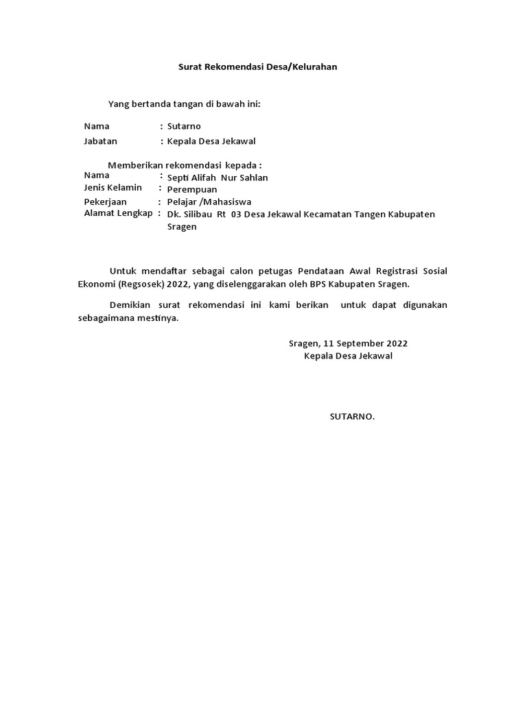 Surat Rekomendasi Pendataan Regsosek 2022 …