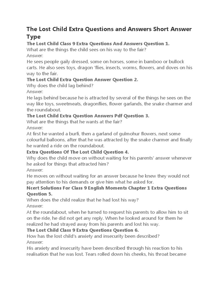 The Lost Child Extra Questions and Answers Short Answer Type PDF