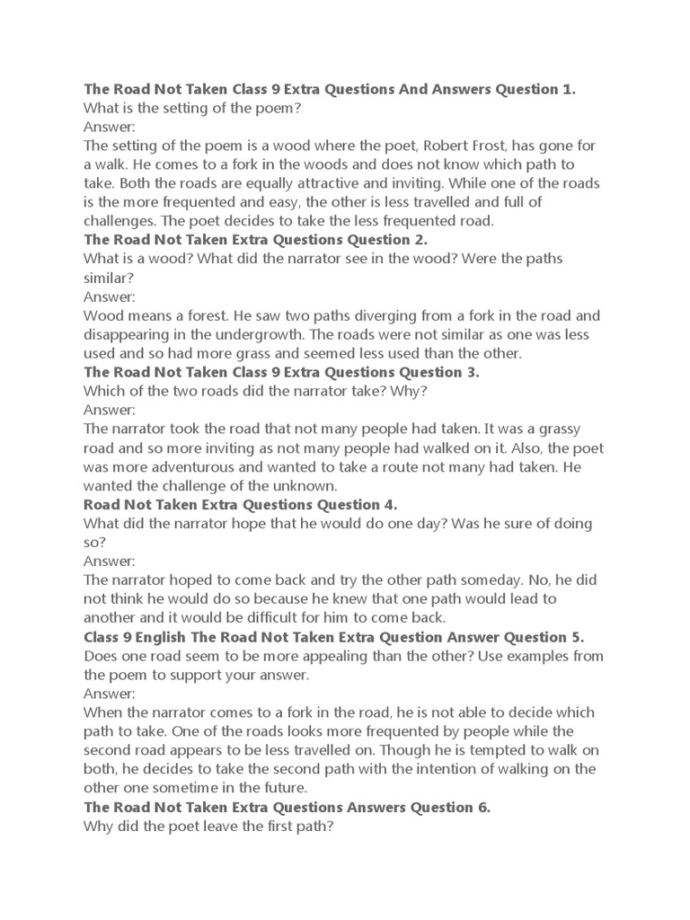 Class 9 Extra Questions on The Road Not Taken | PDF