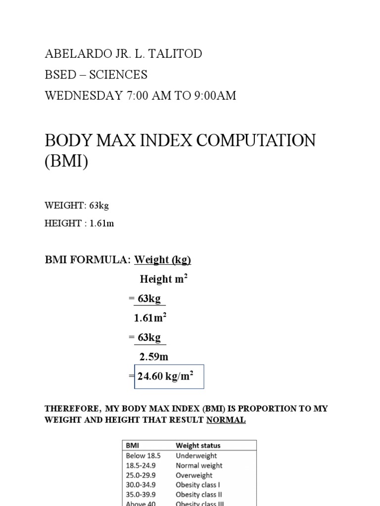 BMI Calculation for Abelardo Talitod | PDF