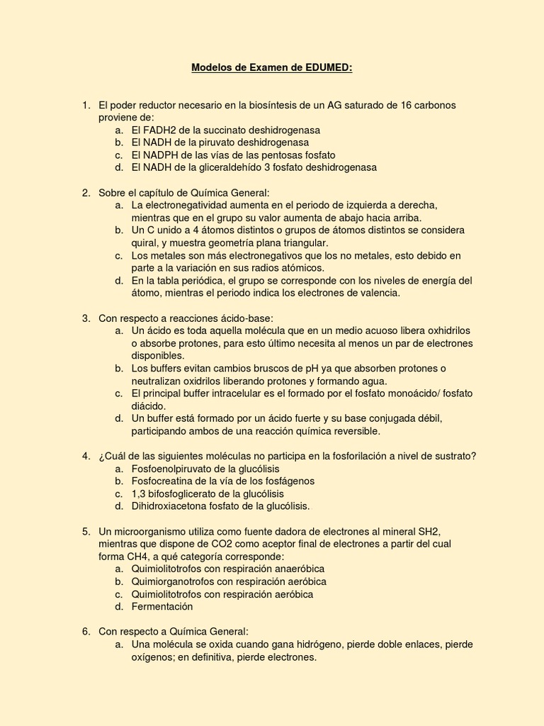 Modelos de Exámenes de EDUMED | PDF | Glucólisis | Metabolismo
