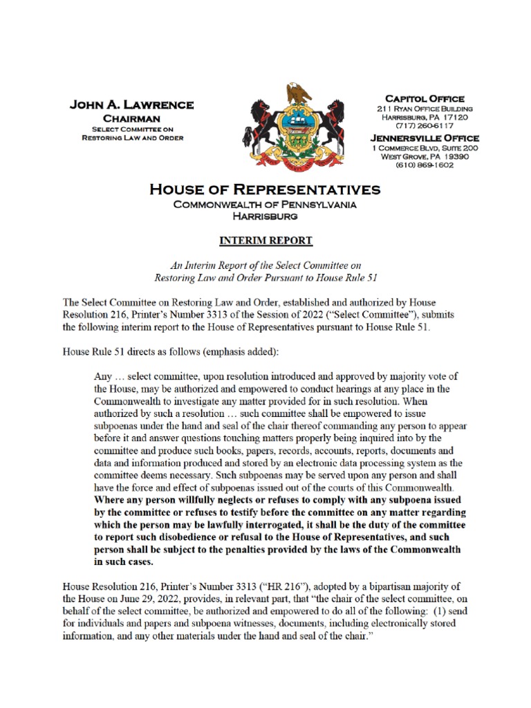 Interim Report of The Select Committee On Restoring Law and Order Pursuant To House Rule 51 ...