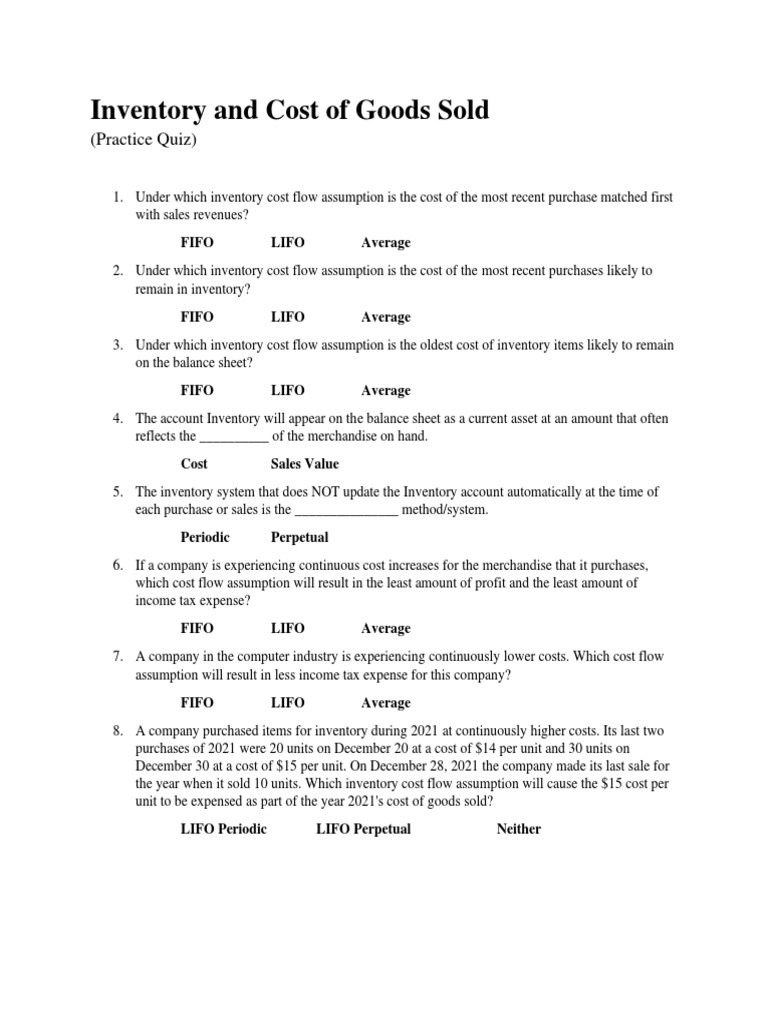 Inventory and Cost of Goods Sold (Practice Quiz) | PDF | Cost Of Goods ...