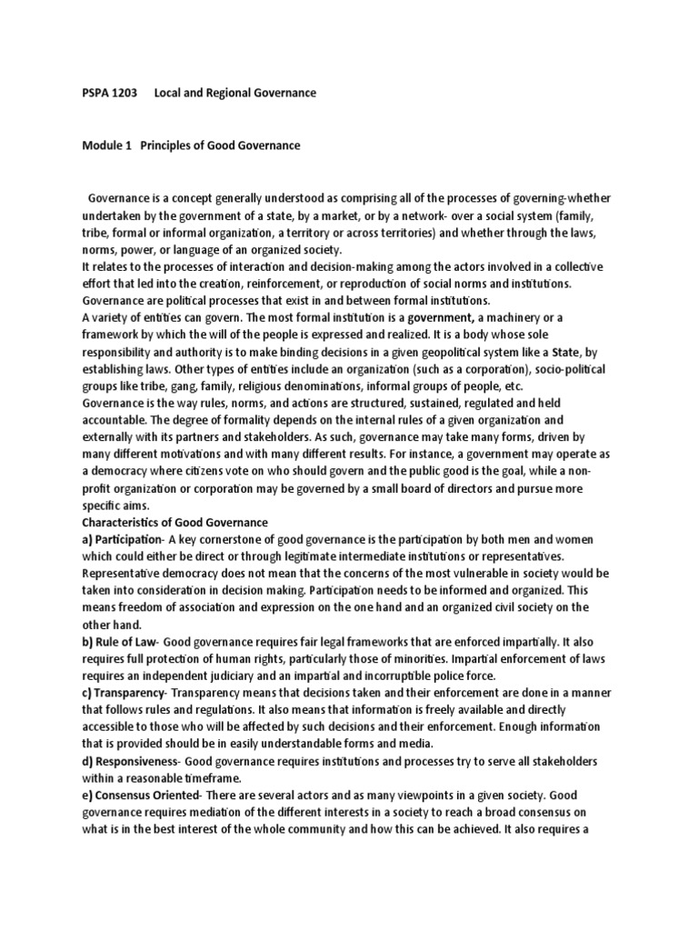 PSPA 1203 Local and Regional Governance | PDF | Governance | Good ...