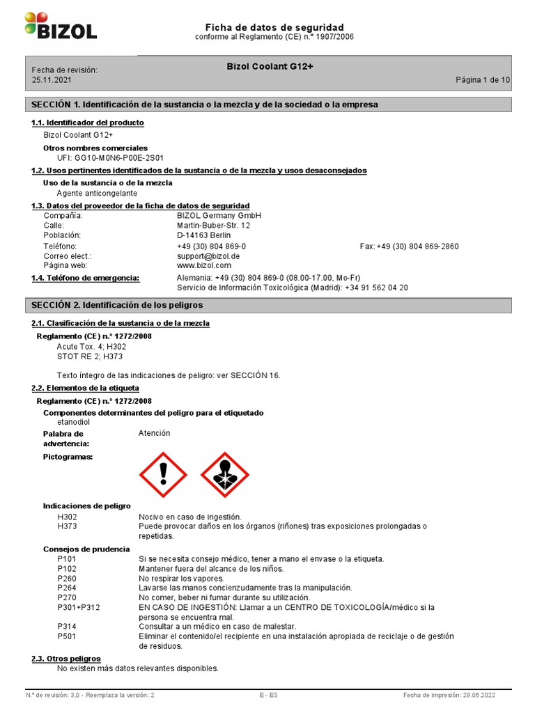 Bizol G12 Safety Data SheetsCoolant G12 Plus Spanish22049 PDF