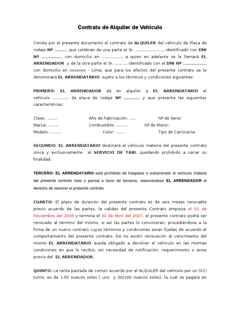 Contrato Alquiler Taxi
