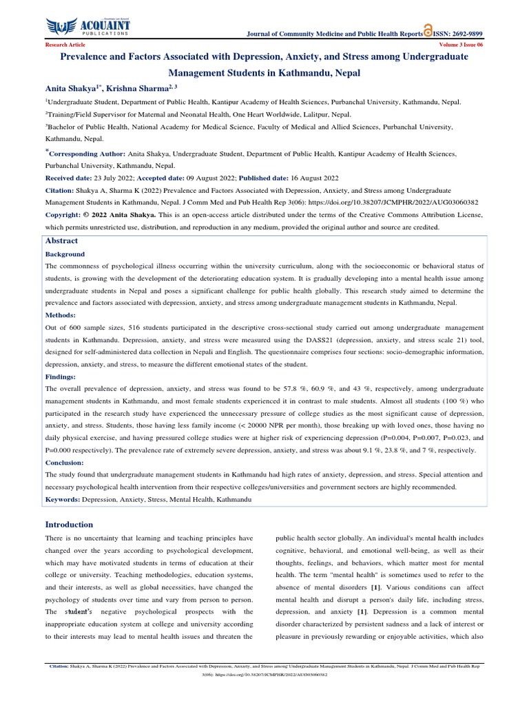 Prevalence and Factors Associated With Depression, Anxiety, and Stress ...