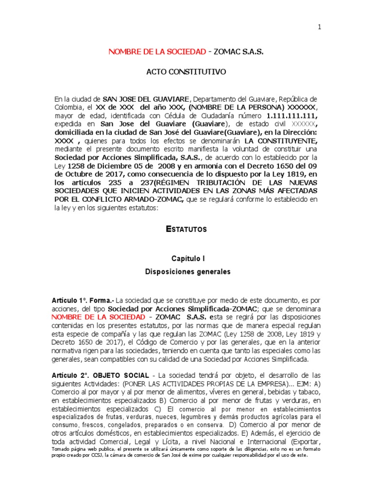 Consitutivo SAS ZOMAC PDF Sociedad Economias