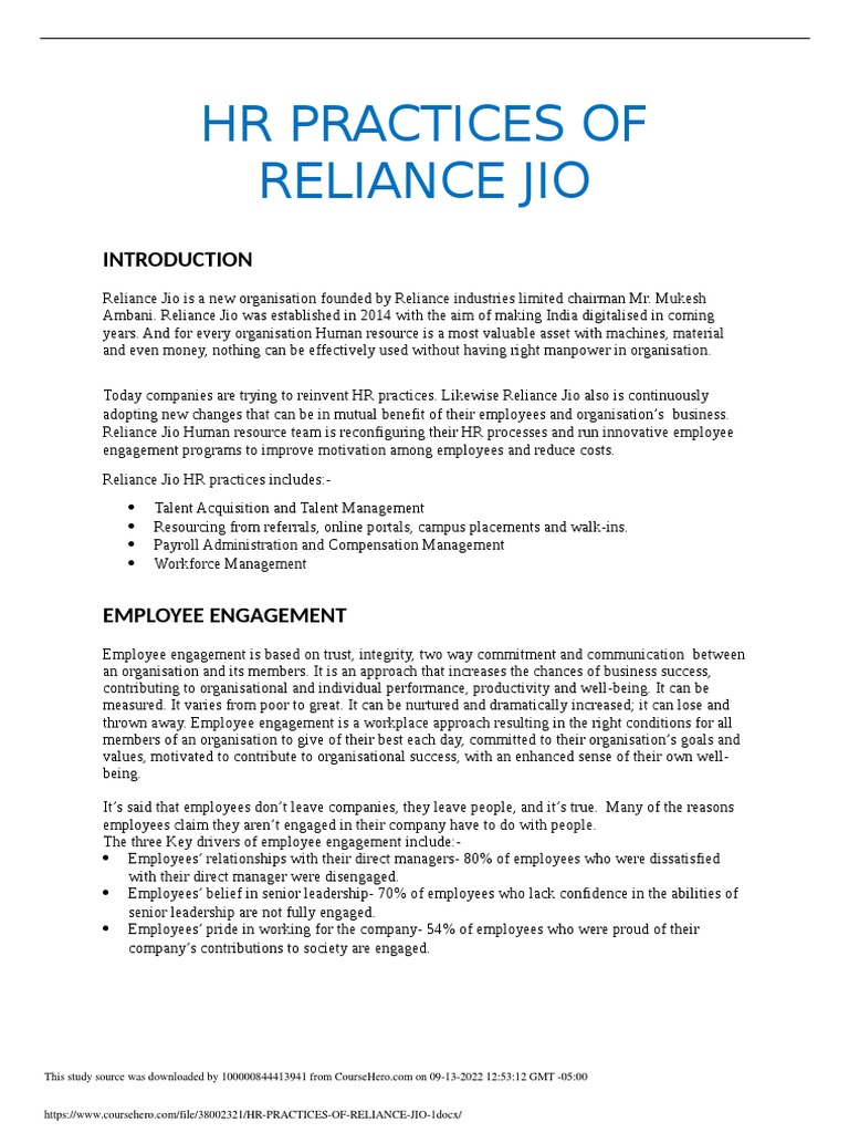 HR Practices of Reliance Jio 1 PDF Recruitment Business