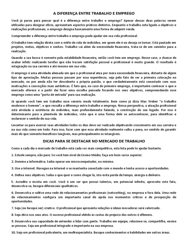 A Diferença Entre Trabalho e Emprego 1 | PDF | Emprego | Mercado (economia)