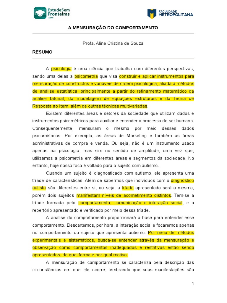 Mensuração do Comportamento Autista | PDF | Psicologia | Comportamento