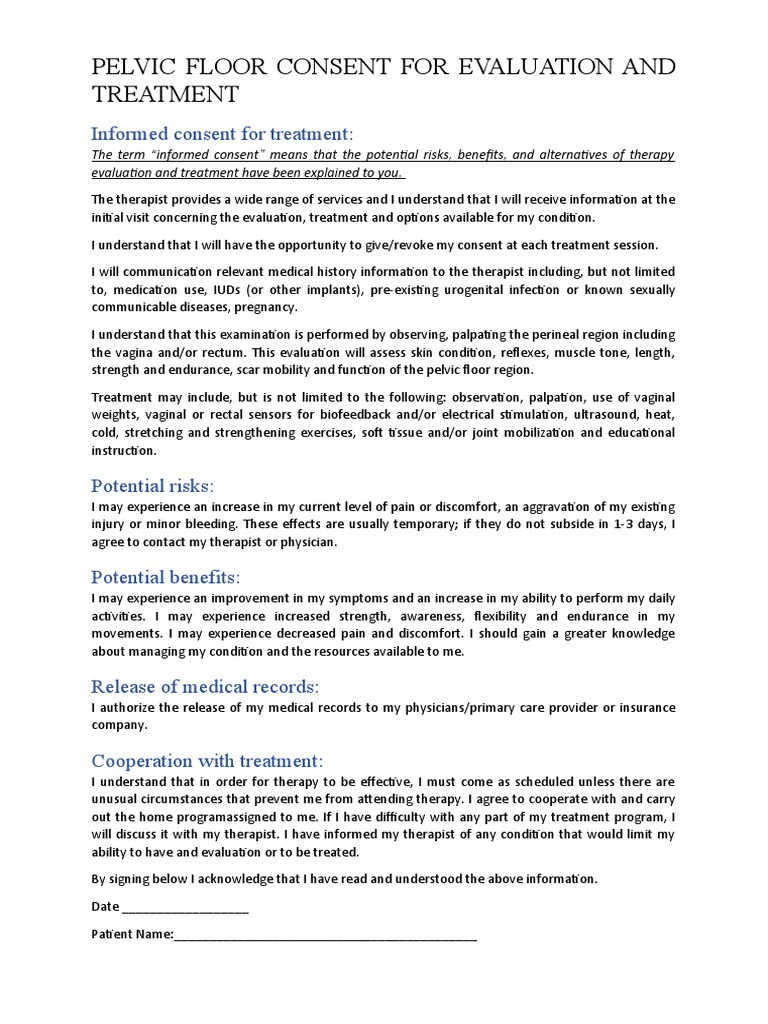 Pelvic Floor Consent For Evaluation and Treatment | PDF | Vagina ...