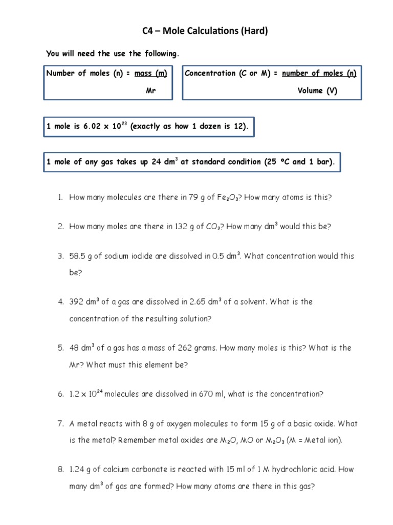 Advanced Mole Calculations Guide | PDF | Mole (Unit) | Oxide