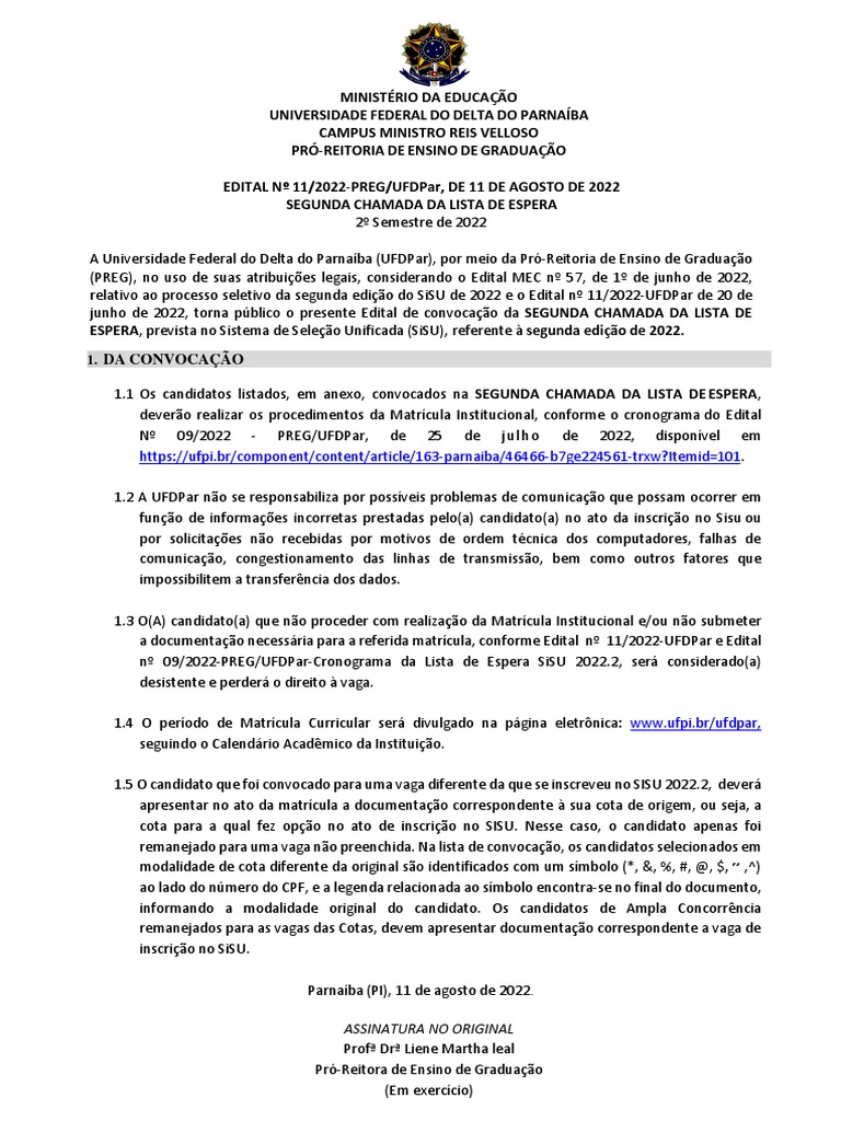 Edital N 11 2022 Preg Ufdpar de 11 de Agosto de 2022 Segunda Chamada Da
