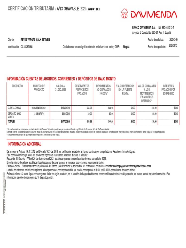 Certificado davivienda pdf impuesto sobre la renta bancario