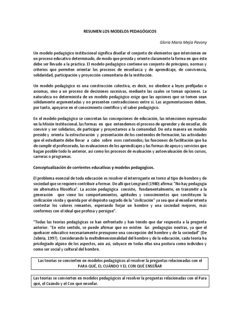 RESUMEN Los Modelos Pedagógicos | PDF | Aprendizaje | Método de enseñanza