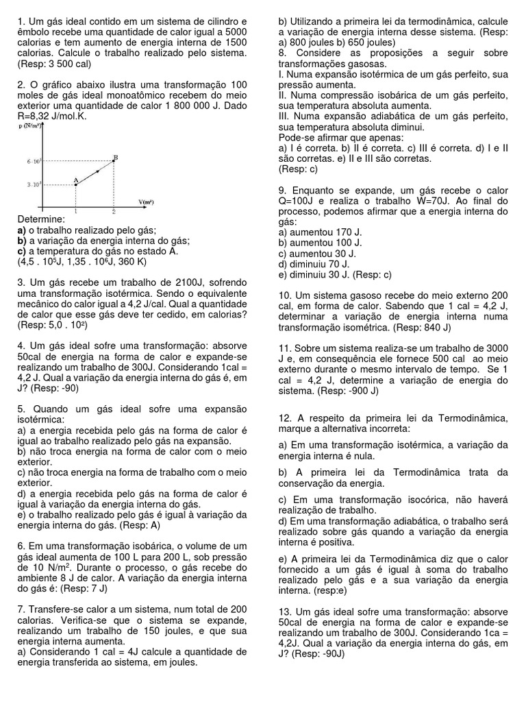 Exercícios sobre a 1ª Lei da Termodinâmica | PDF | Termodinâmica | Calor