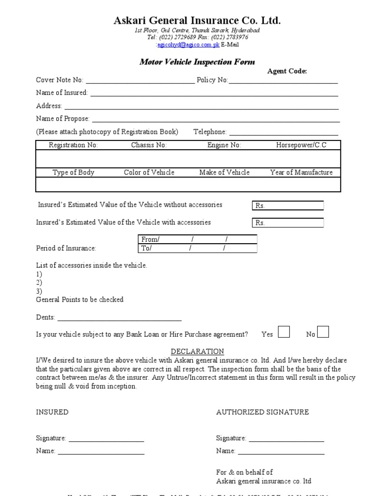 AGICO Motor Vehicle Inspection Form | PDF | Finance & Money Management