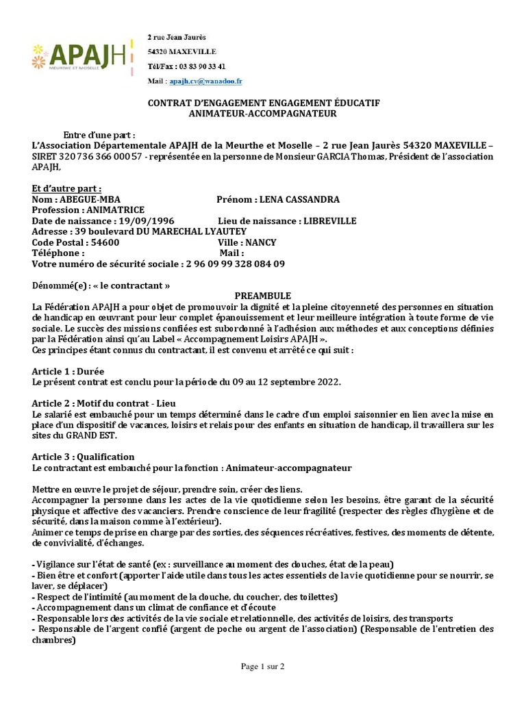 Modèle de contrat éducatif d'engagement | PDF | Finance et gestion ...