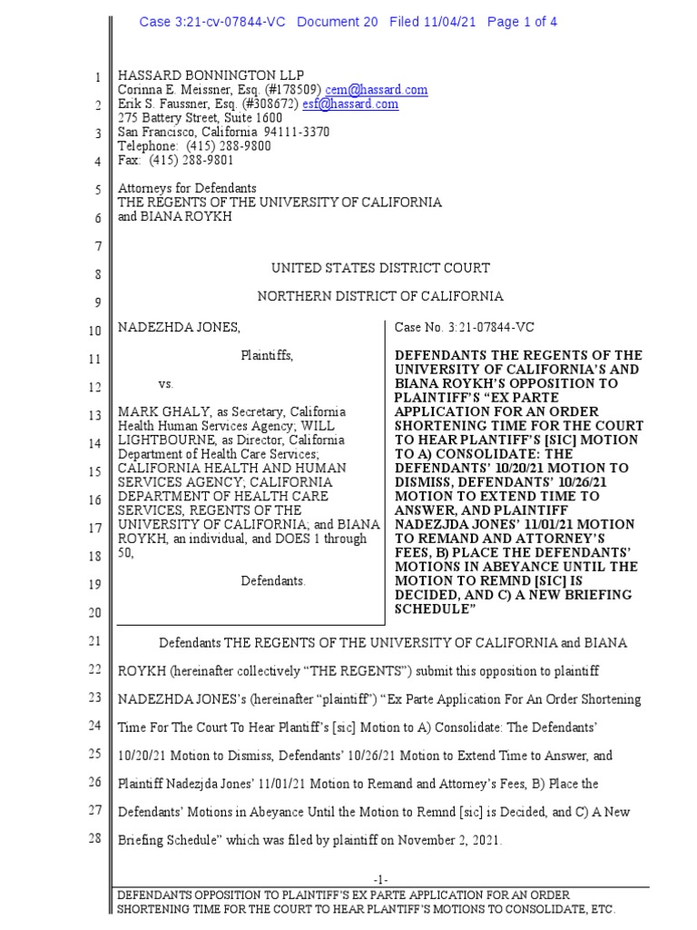 20 defendant regents opposition to the ex parte application for