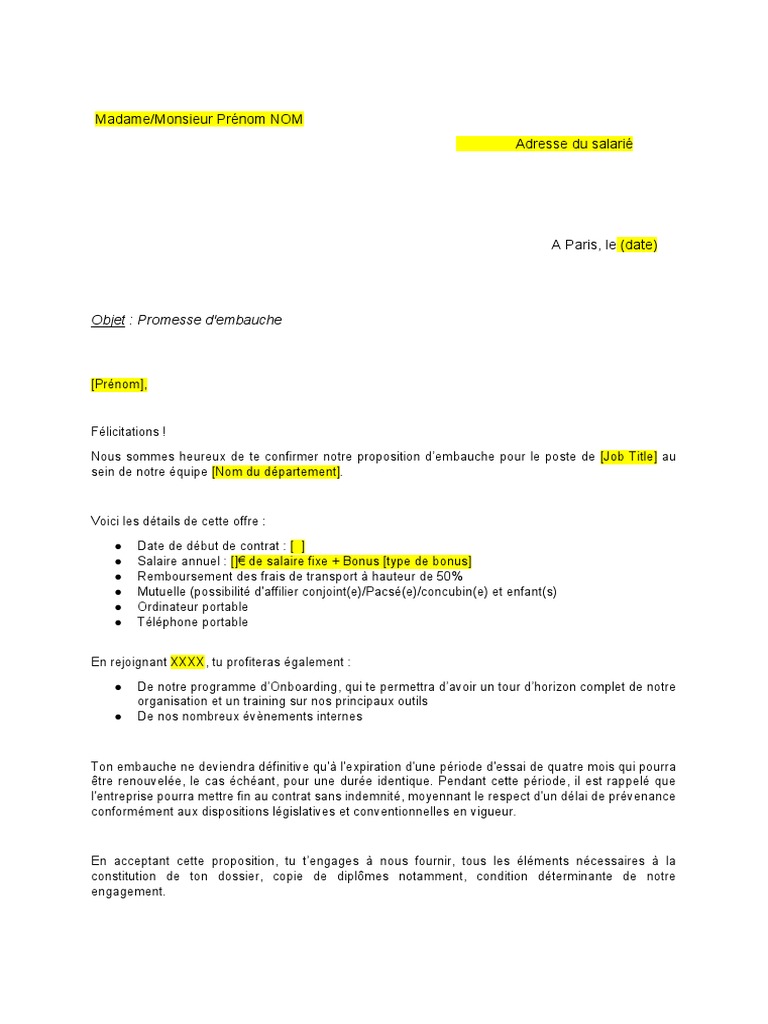 Document Promesse D’Embauche | Modèle de document : Promesse d’embauche ...