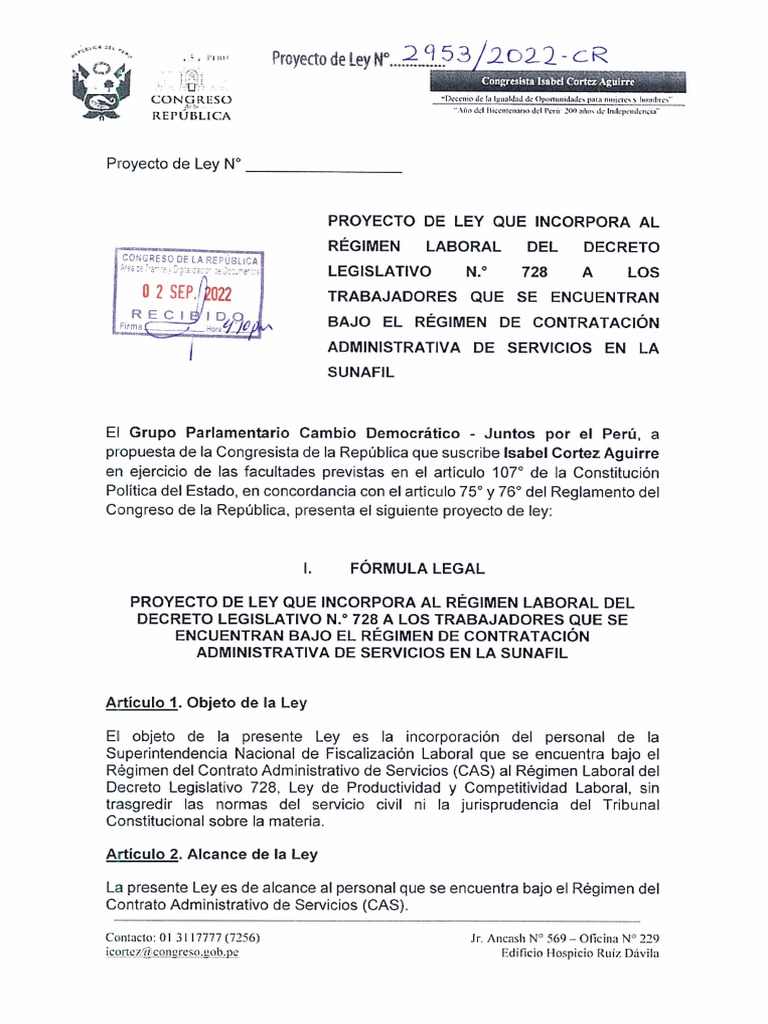 Proyecto de Ley Que Busca Eliminar Al Régimen CAS de La SUNAFIL | PDF